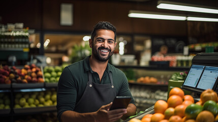 A bearded man using his smart-phone in a grocery store, fruits and vegetables on the background. 
