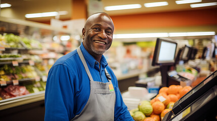 A smiling cashier man in a supermarket grocery store.  - obrazy, fototapety, plakaty