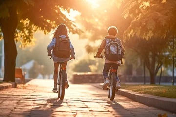 Poster Two school children ride bicycles along the road in a city park. Children with backpacks on bicycles going to school © artsterdam