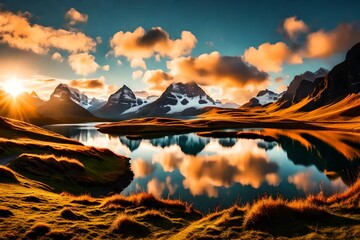 Fantastic evening panorama of Bachalp lake / Bachalpsee, Switzerland. Picturesque autumn sunset in Swiss alps, Grindelwald, Bernese Oberland, Europe. Beauty of nature concept - obrazy, fototapety, plakaty