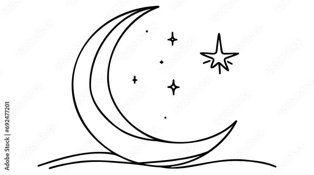 Poster continuous linear drawing of moon icon. one line drawing background. vector illustration.