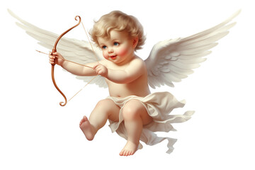 cupid flying and shooting his arrow illustration isolated on a transparent background - obrazy, fototapety, plakaty