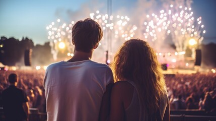 Couple watching concert at open air music festival, back view, stage and spectators at background - obrazy, fototapety, plakaty