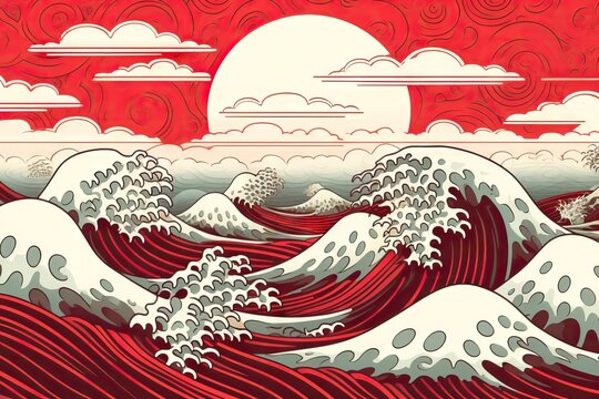 Japanese ocean wave and sun background. Asia and oriental traditional line art design. Traditional Japanese wave for wall arts, prints and home decoration