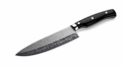 Knife with multi-layered damascus blade on white background
