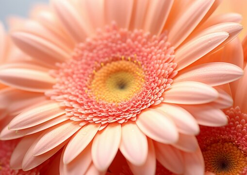 Close up macro shot flowers in peach fuzz color. 2024 year of the color concept. Gerbera, chrysanthemum pattern in flowers garden