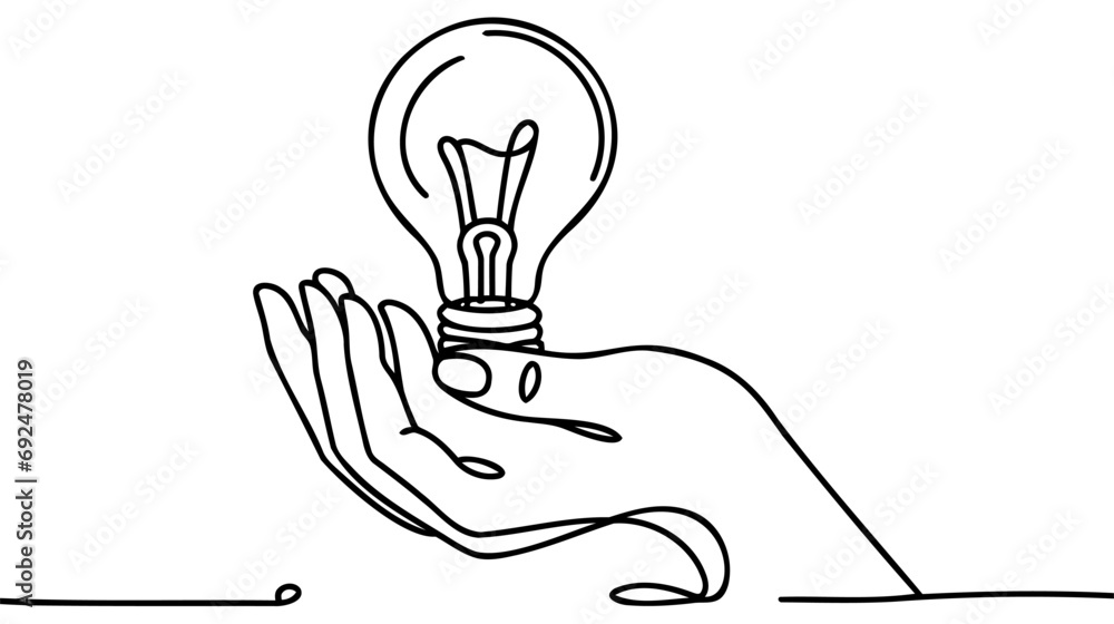 Poster continuous one line drawing hand with light bulb symbol idea. big idea