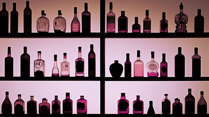 Rows of bottles sitting on shelf in a bar, purple light