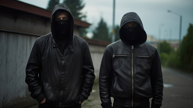 Two individuals in hoodies and masks stand ominously, casting an intimidating presence in an alley