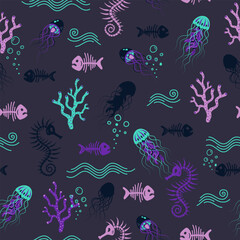 Vector seamless pattern on a dark blue background with underwater sea creatures: fish, seahorses, jellyfish, corals