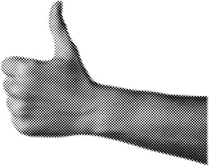 Thumbs up hand gesture in halftone dots texture, isolated black and white vector design element