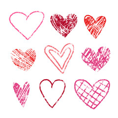 Valentine's day set of hand drawn pastel hearts. Pink crayon strokes hearts isolated on the white background. Sketch of various vector hearts.