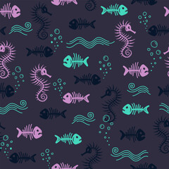 Vector seamless pattern on a dark blue background with underwater sea creatures: fish, seahorses, skeletons