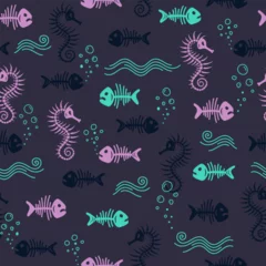 Poster In de zee Vector seamless pattern on a dark blue background with underwater sea creatures: fish, seahorses, skeletons
