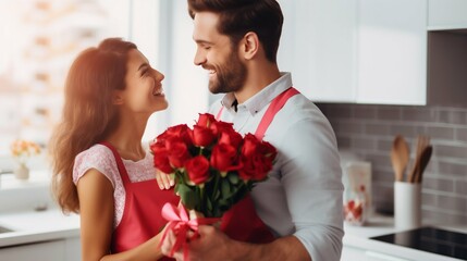 Romantic Gesture with a Bouquet of Red Roses. Generative ai