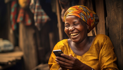 Poor African woman watching on her mobile phone in the slums. homeless lady playing around with a mobile phone,texting,social media concept. Portrait of beautiful female laughing with smartphone in 