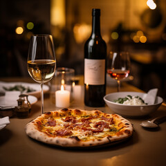 pizza carbonara with wine in italian restaurant - obrazy, fototapety, plakaty