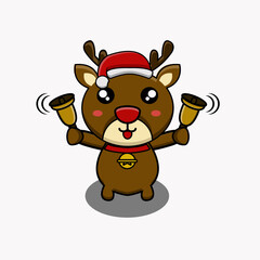 cute vector illustration of a reindeer character with a christmas hat and holding a bell