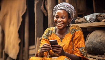 Poor African woman watching on her mobile phone in the slums. homeless lady playing around with a mobile phone,texting,social media concept. Portrait of beautiful female laughing with smartphone in  - obrazy, fototapety, plakaty