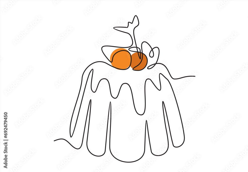 Poster continuous one line drawing pudding with berry. dessert concept. single line draw design vector grap