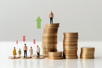 Concept of a businessman standing on a high stack of coins. Income level. Economic inequality - obrazy, fototapety, plakaty