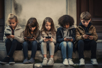 Group of children engrossed in smartphones, illustrating the social issue of technology addiction - obrazy, fototapety, plakaty
