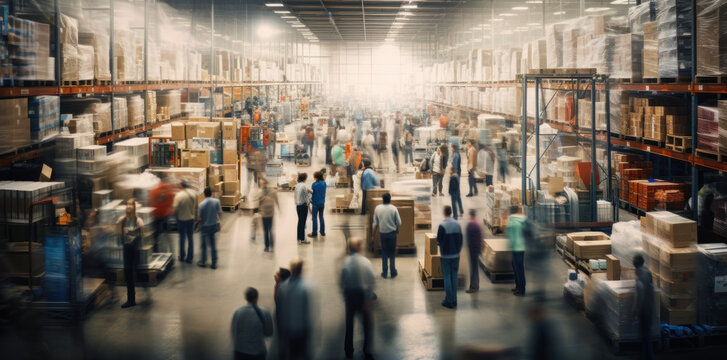 Busy warehouse with workers and forklifts in motion, showcasing logistics and industry.