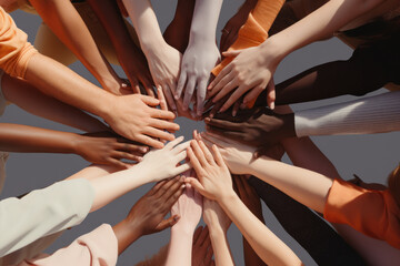 Diverse hands united together, forming a circle that symbolizes unity and teamwork