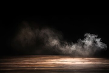 Mesmerizing dance of smoke and light. Abstract background showcases playful interaction of black fog and white mist forming swirls curves and waves with wooden floor - obrazy, fototapety, plakaty