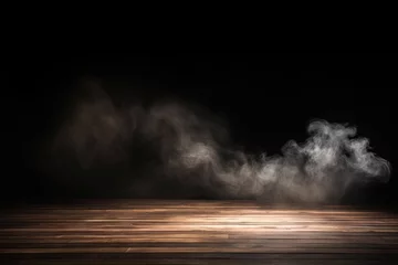 Foto op Plexiglas Mesmerizing dance of smoke and light. Abstract background showcases playful interaction of black fog and white mist forming swirls curves and waves with wooden floor © Wuttichai