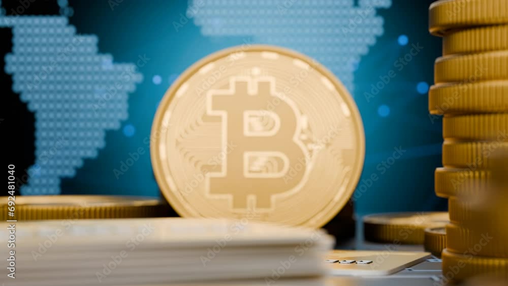 Poster camera approaching a bitcoin coin. camera moving along bitcoin coins and credit cards. bitcoin on te