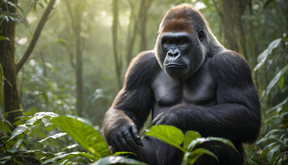 Gorilla in rainforest, Close-up photo of wild big black silverback monkey in the forest
