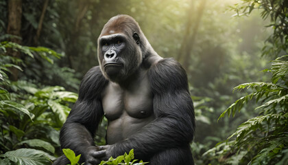 Naklejka premium Gorilla in rainforest, Close-up photo of wild big black silverback monkey in the forest, Gorilla sitting in forest, generative ai
