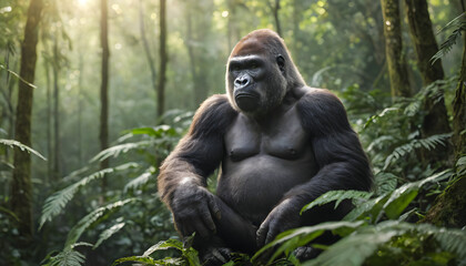 Gorilla in rainforest, Close-up photo of wild big black silverback monkey in the forest