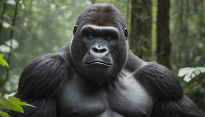 Obraz premium Gorilla in rainforest, Close-up photo of wild big black silverback monkey in the forest, Gorilla sitting in forest, generative ai