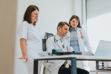Experienced doctors analyzing diagnostic test results. Discussing health diagnosis and treatment...