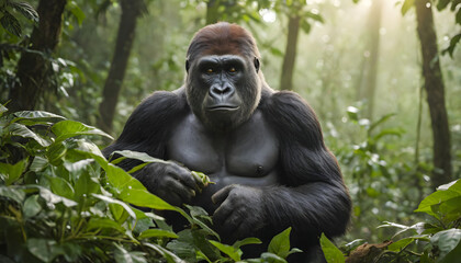 Gorilla in rainforest, Close-up photo of wild big black silverback monkey in the forest, Gorilla sitting in forest, generative ai