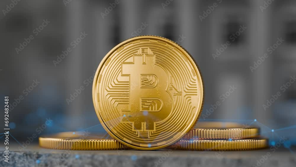 Poster bitcoin on a concrete background. moving the camera away from the bitcoin coin. stack of bitcoin coi