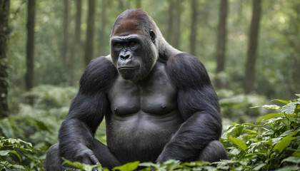 Obraz premium Gorilla in rainforest, Close-up photo of wild big black silverback monkey in the forest, Gorilla sitting in forest, generative ai
