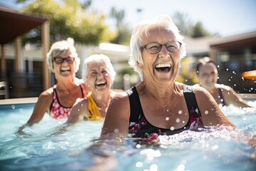 cheerful older women exercising in the swimming pool