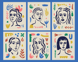 Vector set of abstract woman faces, matisse style illustrations, collage portrait posters, prints. Brush drawing with cutout organic elements