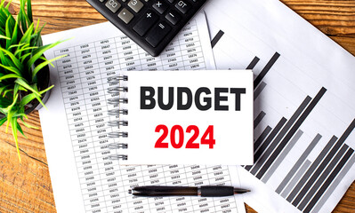 BUDGET 2024 text on a notebook with chart and calculator