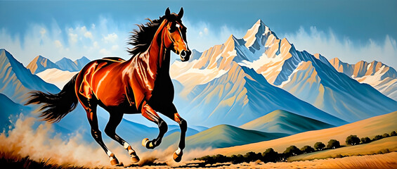 Mustang horse running in the wild. Digital painting style. Banner format. - obrazy, fototapety, plakaty
