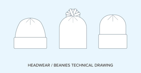 Blank Beanies Technical Drawing, Headwear Blueprint for Fashion Designers. Detailed Editable Vector Illustration, Black and White Knit Hat Accessory Schematics, Isolated Background. 
