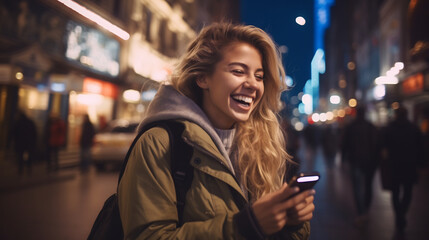 Young woman smiling using smartphone standing on the night city street full of neo light - obrazy, fototapety, plakaty