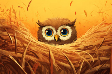 cartoon illustration of an owl in a grass nest