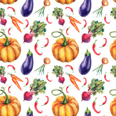 Watercolor seamless pattern of vegetables, pumpkins, eggplants, chili peppers, onions, beets and carrots. Proper nutrition. Packaging design, clipart.