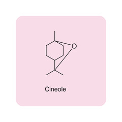 Cineole skeletal structure diagram.Monoterpene ketone compound molecule scientific illustration on pink background.