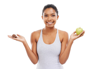 Apple, chocolate and woman for healthy food choice or offer with food, sugar and diet on a white...