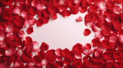Rose petals forming oval frame on white background. Valentine's Day greeting card with copy space.